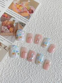 10 piezas de uñas de presión manual, uñas cuadradas cortas de presión, arte de uñas de primavera y verano, uñas postizas, diseño de degradado de color rosa romántico, diseño de patrón de color degradado, flores coloridas, accesorios para uñas - Multicolor - Ver 4