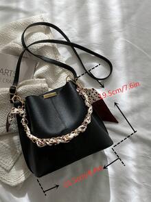 Women's PU Leather Bucket Bag With Chain Decor, Crossbody Bag - Black - View 7