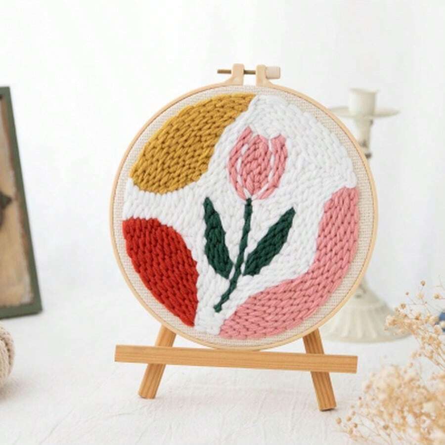 1 Set DIY Floral Punch Embroidery Kit, Suitable For Beginners, Simple Patterns, Includes Embroidery Hoop, Punch Needle And Other Starter Materials, Can Be Used For DIY Gifts And Home Decor, Size: 7.87*7.87 Inches