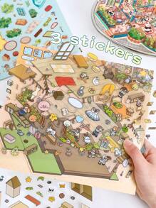 2pcs/1pc Large Size 3-Layer Decorative DIY Landscape Stickers, 3D Miniature House Micro-Scene Stickers For Children DIY Scrapbooking Toys, Landscape Stickers, Scene Stickers, Handbook Stickers, Reusable In Multiple Sizes