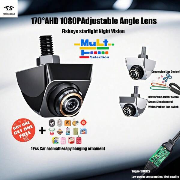Cámara de reversa para auto HD 1080P (con lente de ojo de pez de 170°) | Visión nocturna, ajuste de 360°, modo dual AHD/CVBS| Compatible para autos/camionetas + Ambientador de aire para auto de regalo