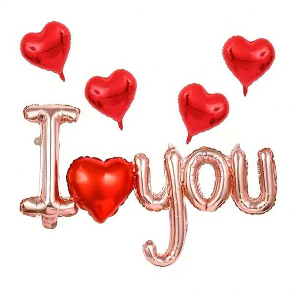 5pcs/Set I Love You Letter And 4pcs Heart Shaped Foil Balloons Set, Suitable For Proposal, Wedding, Birthday Party Decoration