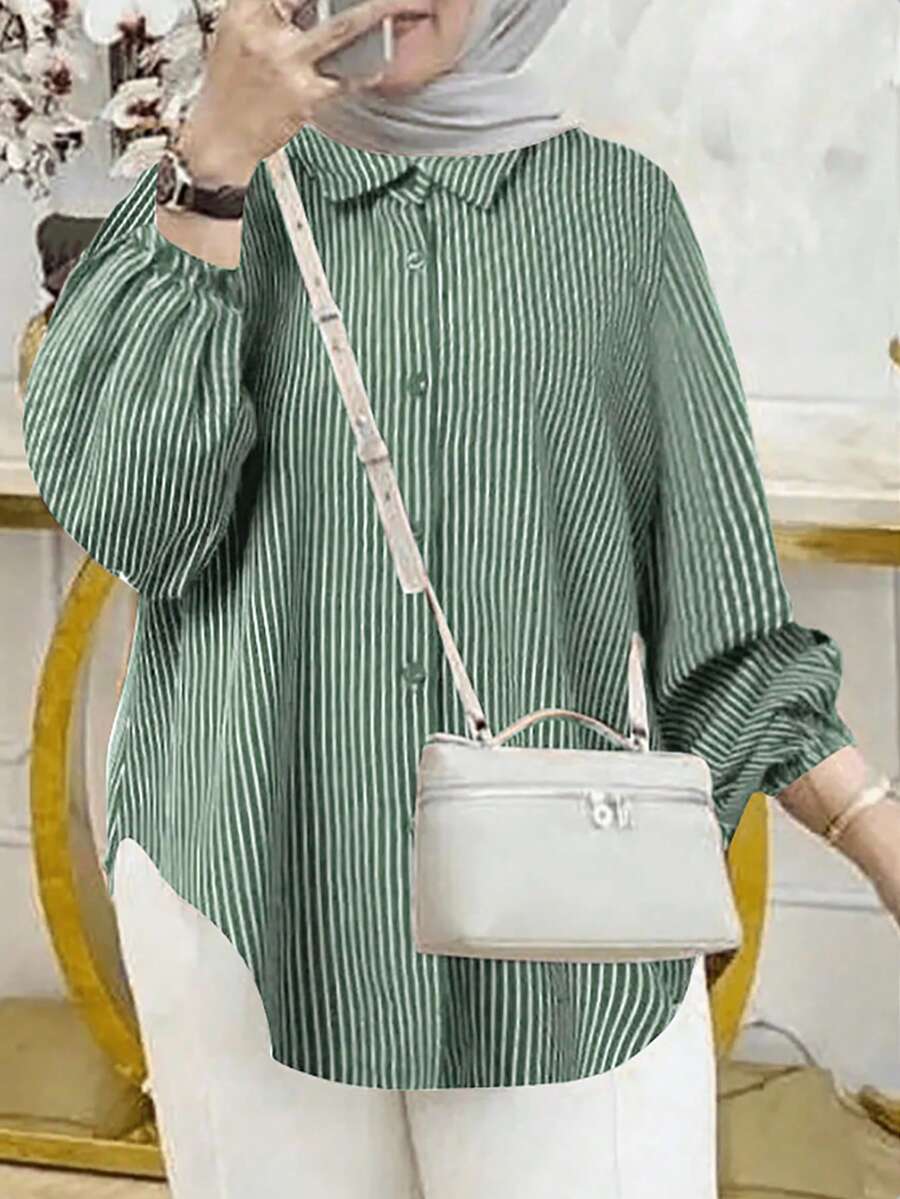 Women's Arabic Striped Blouse, Fashionable For Summer, Modest - Green - View 1