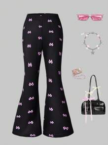 Süße, modische und elegante Mädchen-Schleifenprint Schlaghose, geeignet für Frühling, Sommer, Herbst und Winter, auch als sinnvolles Geschenk für Kinder geeignet