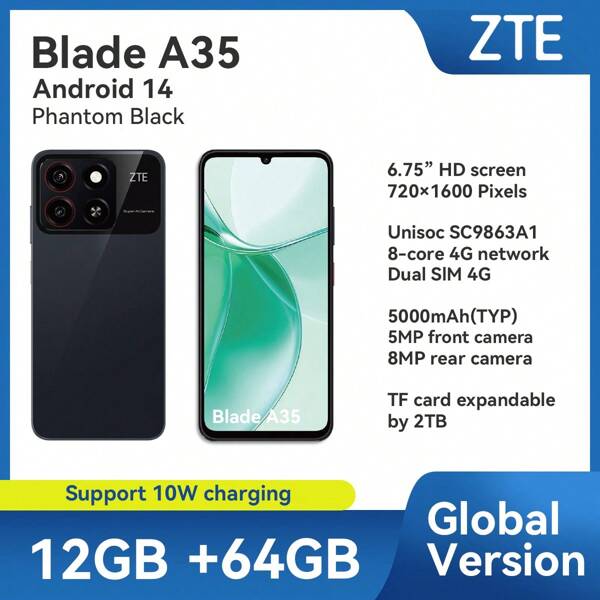 ZTE ZTE,Smartphone,Blade A35 Phantom Black,Unlocked, Android 14,(4GB RAM+8GB Fusion) + 64GB ROM,5000mAh Battery,Dual SlM 4G,The Plug Is European Standard,NFC Is Supported, 4G LTE,Global Version