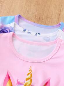 Chatreadl 3 Pcs Set Young Girls Cute Pony & Flower Print Dress, Princess Style Ombre Milk Silk Summer Children Outfit With Cap Sleeves, Suitable For Spring & Summer - Multicolor - View 3