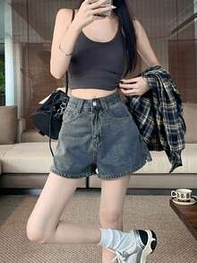 2025夏季新款复古高腰A字阔腿牛仔裤，百搭直筒热裤短裤 - 深色水洗藍 - 查看 8