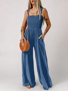 Acelitt Women's Solid Color Square Neck Pleated Patchwork Pocket Casual Vacation Loose Wide Leg Sleeveless Jumpsuit, Summer - Baby Blue - View 5