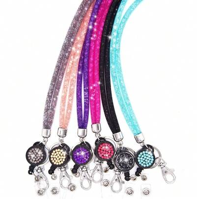 1pc Rhinestone Mesh Lanyard, Suitable For ID Card Badge Holder With Retractable Clip On Halter,School Supplies,Back To School