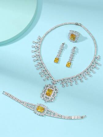 1 套 5 件欧美风格锆石项链、耳环、手链、戒指首饰套装，适合新娘婚纱、订婚派对、正式晚宴、奢华矩形装饰配饰、女士节日礼物