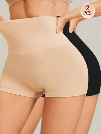 2pcs Women High Waist Solid Color Seamless Shapewear Shorts, Versatile For All Seasons, Snug Fit, Lift Buttocks
