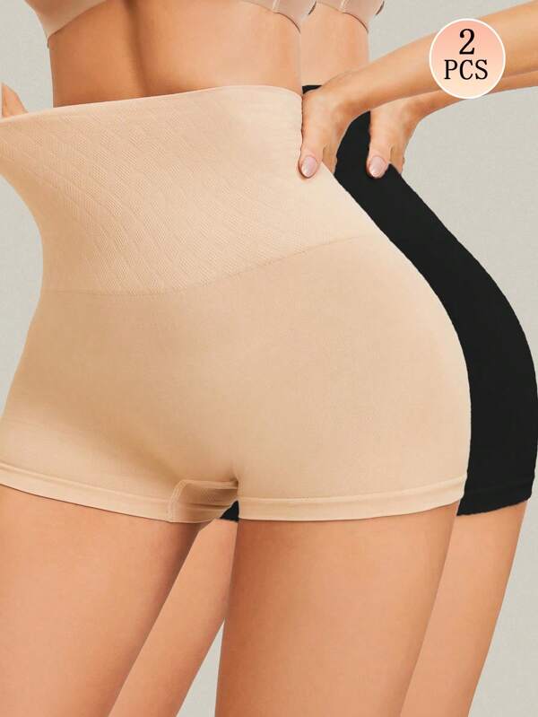 2pcs Women High Waist Solid Color Seamless Shapewear Shorts, Versatile For All Seasons, Snug Fit, Lift Buttocks