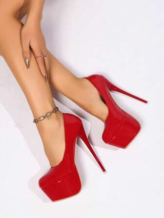 Women's Red Patent Leather High Heel Pumps, Sexy & Elegant Super High Heel With Thick Platform, Party Dress Shoes