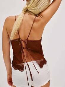 Women Sexy Tie Up Lace Trim Cami Tops Semi Sheer Crop Tops Y2k Girls Cute Summer Camisole Shirt Going Out Tops - 咖啡棕 - 查看 4