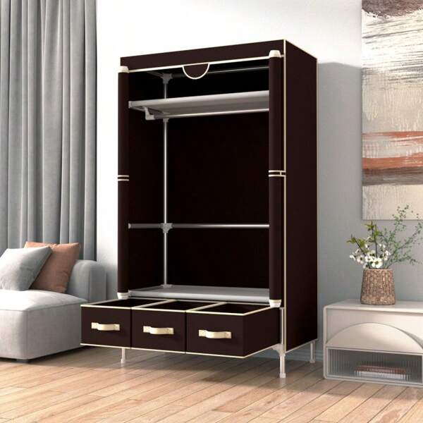 Portable Wardrobe - Roll-Up Zipper Wardrobe With Hanging Rail, Non-Woven Fabric Storage Shelves, Includes 1 Hanging Rod, 3 Drawers, Easy Assembly - 35.5 X 17.7 X 67.7 Inches