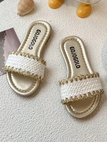 2025 Summer New Girls Flat Slippers Korean Fairy Style Pearl Square Toe To Wear Sandals - Beige - View 2