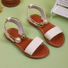 Sandalias casuales de verano 2025 con lazo y perlas para niñas, cómodas y versátiles, con diseño de punta abierta con estilo