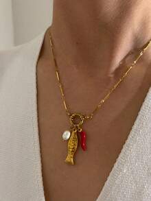 1 件时尚不锈钢条纹金鱼、辣椒、珍珠吊坠项链，18K 镀金，防水，百搭，适合女性 - 項鍊 - 查看 9