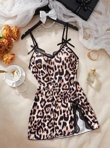 1 szt. Damska seksowna koszula nocna, kontrastowa kokarda w panterkę, koronkowa, z nadrukiem, rozcięcie na dole, koszula nocna z rozcięciem