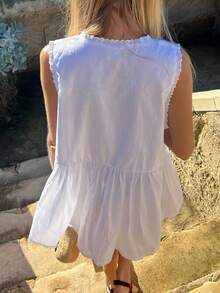 Womens Lace Trim V Neck Mini Dress Y2k 90s Vintage Aesthetic Summer Flowy Swing Dress Going Out Boho Coquette A Line Dress - 白色 - 查看 7