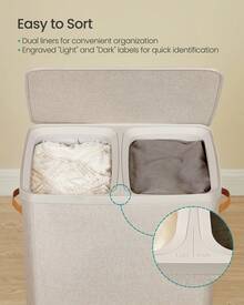 SONGMICS Laundry Basket, 44.9 Gal. Laundry Hamper, 2 Compartments, Easy Assembly, With Lid And Handles, Removable Inner Bags, 22 X 15.7 X 29.5 Inches - Beige - View 2
