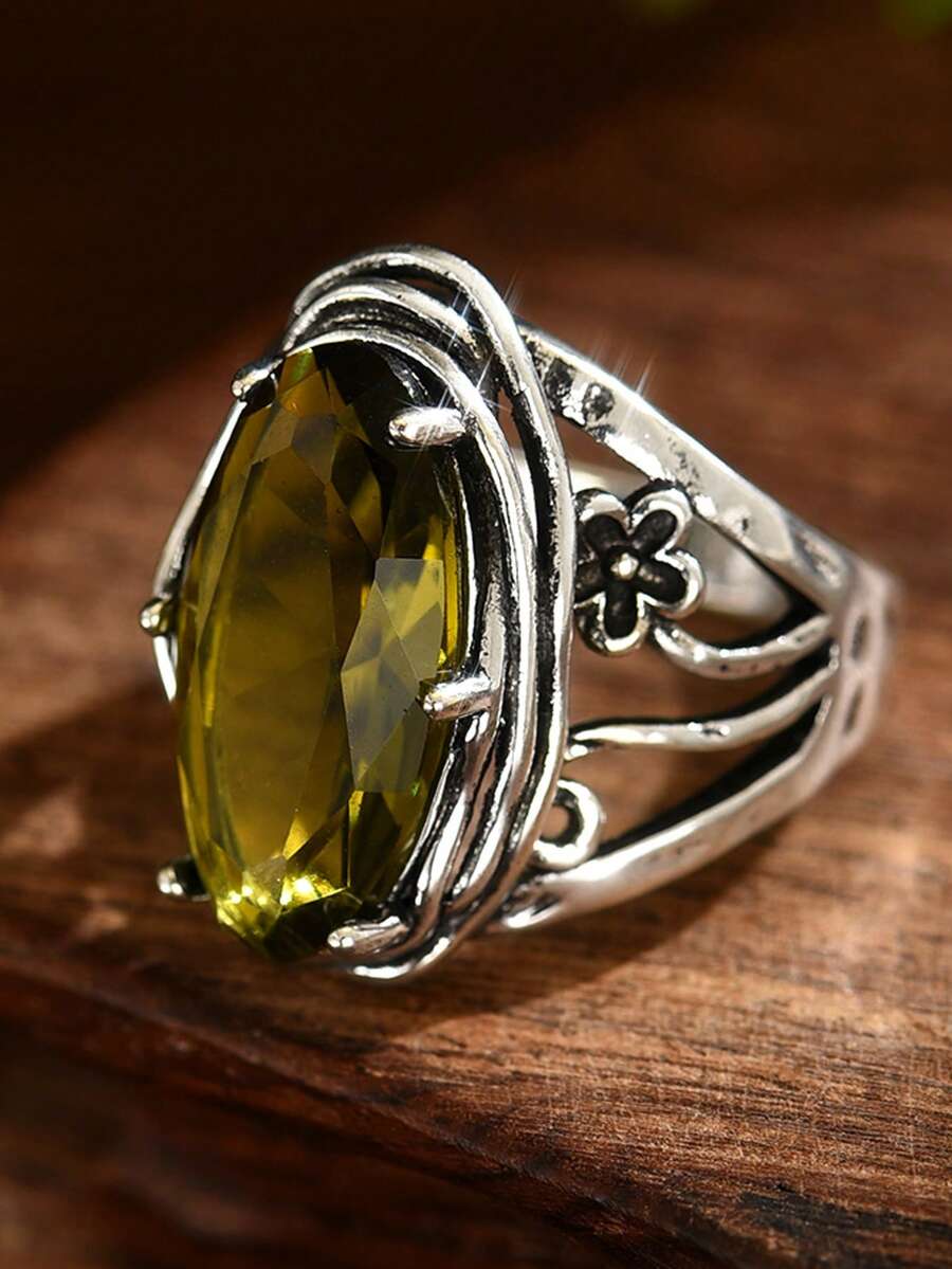 1 chiếc nhẫn Cubic Zirconia màu xanh ô liu lớn lấy cảm hứng từ phong cách cổ điển dành cho phụ nữ, nhẫn đính hôn đính hôn, nhẫn cưới, trang phục hàng ngày - màu xanh ô liu - Xem 1