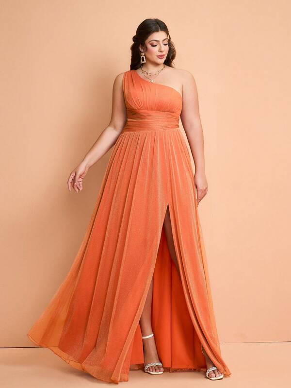 Mgiacy,New Arrival,One Shoulder,Mature,Plus Size Bridesmaid Dress,Ruched,Perspective,High Slit,Mesh,A-Line Dress