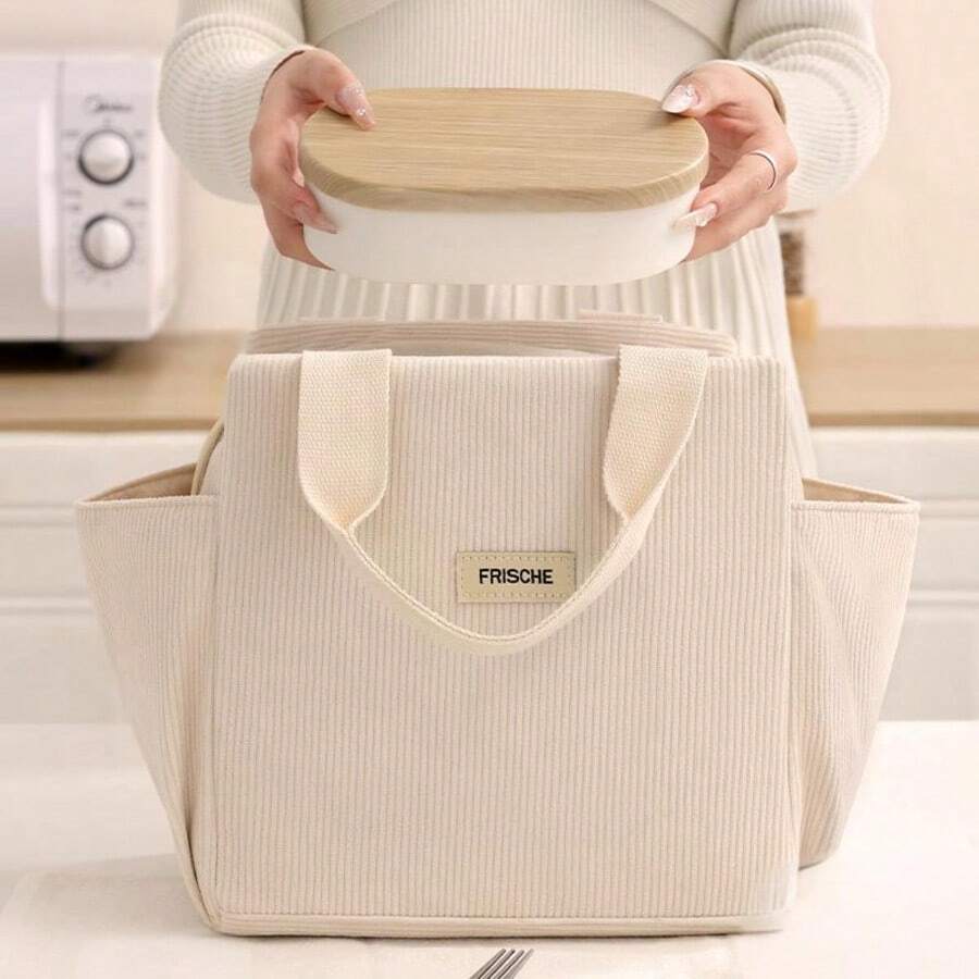 Corduroy Lunch Box Bag With Large Capacity Bilateral Bag With Zipper, Large Capacity Reusable Lunch Bag For Work Picnic Or Travel,Thermal Preservation, Cold Lock Function, Light And Large Capacity Double Handle Design,Lunch Containers Reusable High Capacity Lunch Tote Bags