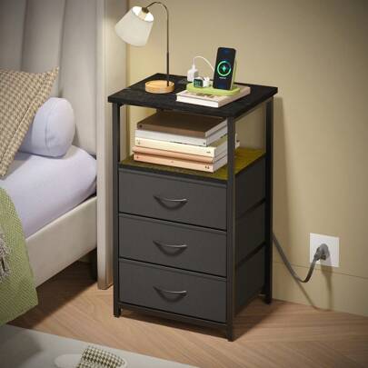 Superlele 1/2pcs Night Stand With 3 Fabric Drawers, Nightstand For Bedroom, Bedside Table With Charging Station End Table With Storage