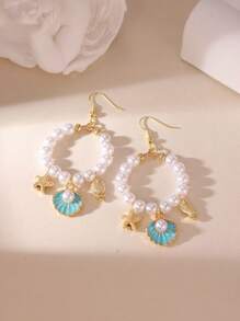 MESTILO 2pcs Tropical Style Metal Faux Pearl Oil Drop Starfish, Fish, Seashell Design Earrings Suitable For Women Holiday & Vacation Wear