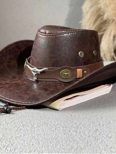 1 pieza Sombrero estilo jazz con remaches con forma de cabeza de toro para hombres y mujeres, sombrero de visera con ala grande para primavera, verano y otoño, sombrero vaquero estilo occidental para viajes al aire libre
