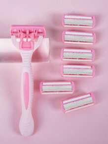 Lâminas de Segurança Rosadas Substituíveis com Lâminas de Aço Inoxidável de 6 Camadas, Aparelho de Depilação Manual Feminino de Corpo e Maiô Bikini