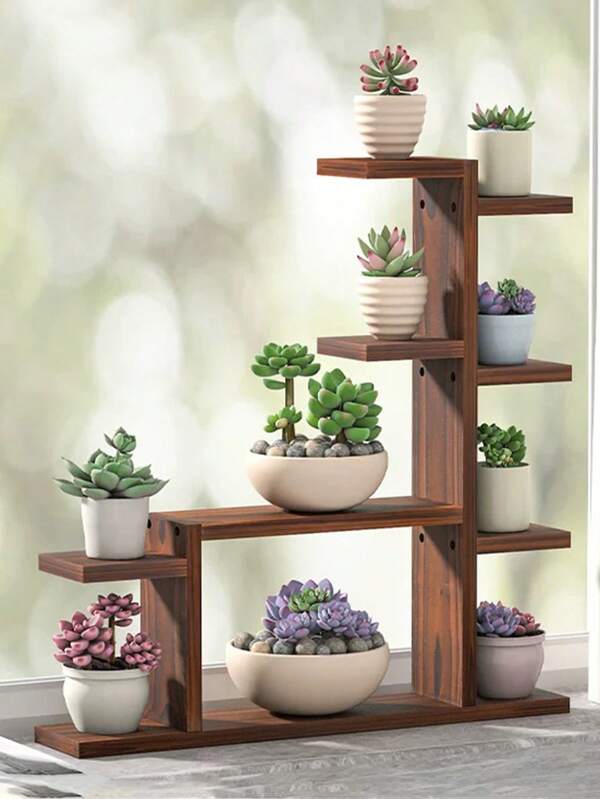 1pc Wooden Floating Window/Balcony Multilayer Succulent Flower Rack, Indoor Living Room Decorative Desktop Storage Shelf Outdoor Decor