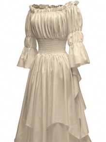 Medieval Women's Solid Color Black Fungus Edge One Shoulder Trumpet Sleeve Waist Tie Long Elegant Dress