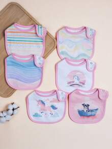 6入組卡通印花可調節防水圍兜,適合男女寶寶,全季節使用