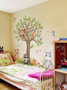 1set 2pcs/1set 3pcs Cartoon Big Tree Animal Wall Stickers, Children Room Decor