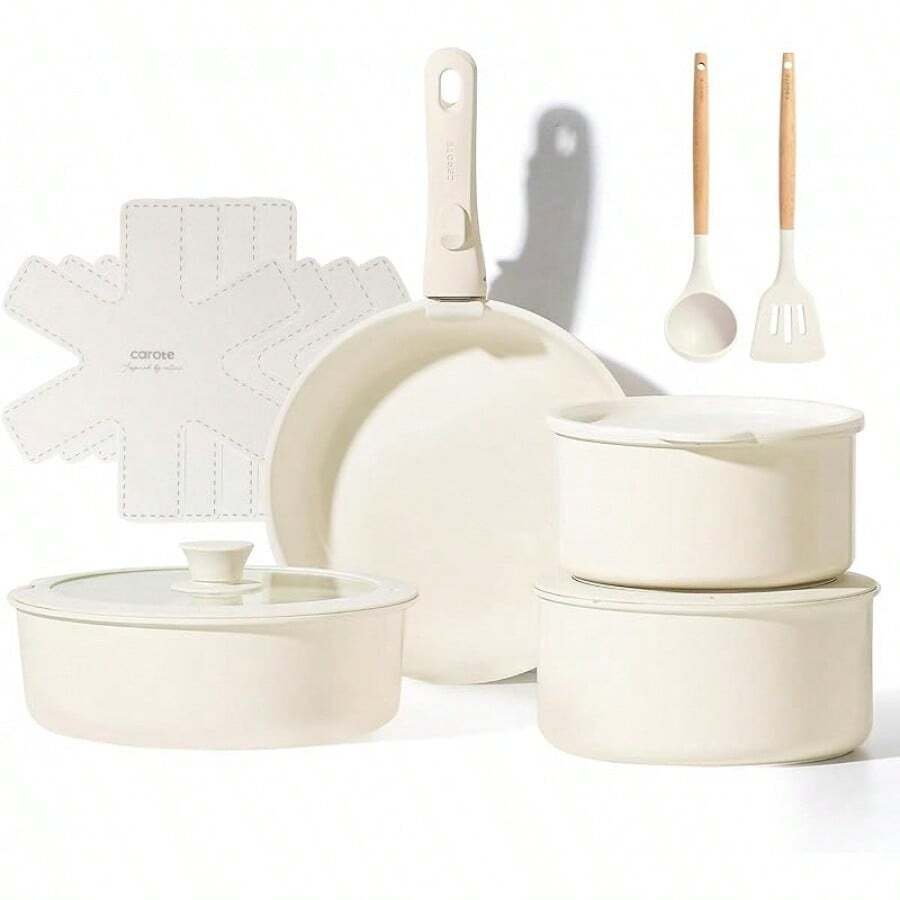 15Pcs Pots And Pans Set, Ceramic Cookware Set Detachable Handle, Induction Nonstick Kitchen Cookware Sets With Removable Handle, Non Stick RV Cookware Set, Oven Safe (Taupe) - 13 PCS - View 1