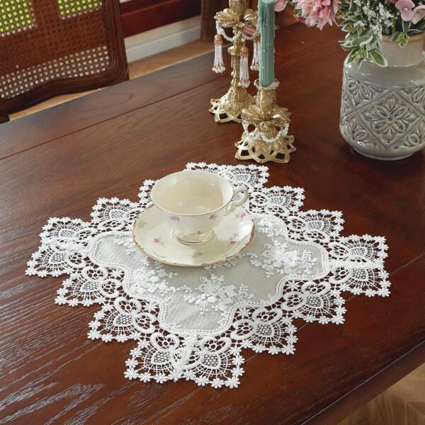 European Style Floral Lace Embroidered Polyester Table Runner - Woven Double Layer Shiny Satin Fabric, Festive Coffee Table Decor For Kitchen Dining, Indoor Outdoor Dinner Party Decoration, Ideal Gift