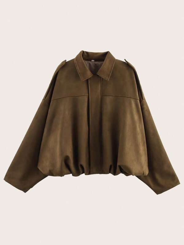 Women Solid Color Long Sleeve Faux Suede Bomber Jacket, For Spring & Autumn