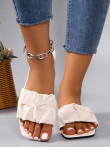 Women's New Summer Casual Fashion Versatile Non-Slip Flat Comfortable Sandals, Square Toe Plus Size Beach Slip-On Slides, Minimalist Strap Sandals, White - Beige - View 4