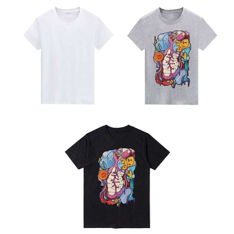 "MSICROW AT LARGE" Anime - Style Pattern Black White And Gray Three - Piece Set Of Cotton T - Shirts - Multicolor - View 1