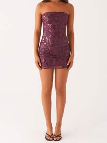 Women Sparkly Beaded Floral Tube Top Dress Slim Off Shoulder Sleeveless Open Back Sequin Mini Bodycon Dress