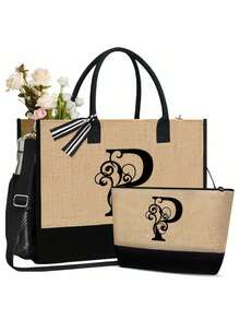 Black Khaki Patchwork Tote Bag Set, Black Vines Wrapped Around The Initial Letters A-Z, With The Same Series Of Color Block Makeup Storage Bag, Toiletry Bag, Wallet, Personalized Gift Bag, Fashionable Personalized Tote Bag - Khaki - View 54