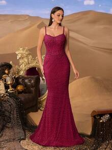 Faeriesty Elegant Luxurious Mermaid Evening Gown With Spaghetti Strap And Pearl Decoration, Suitable For Formal Occasions Such As High-End Banquets, Weddings, Red Carpets, Luxury Parties - Burgundy - View 6