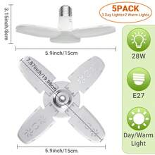 LED车库灯，吸顶式LED工作灯，28W 2600LM 6500K，螺口LED灯，带4+1个可变形面板，适用于车库、工作室、地下室的明亮LED照明，支持E26/E27灯座