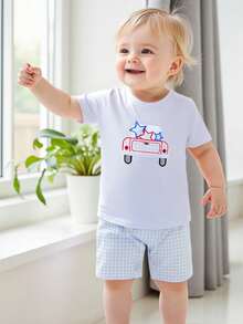 Little Boys 4th Of July Outfits Set Short Sleeve Stars T-Shirt And Plaid Shorts Kids Independence Day Clothes Set - White - View 2
