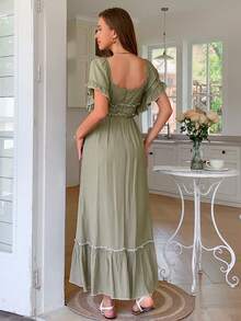 PoPoHouse Women's Dress Summer Vacation Casual Color Contrast Skirt With Ruffled Puffy Sleeves - Green - View 2