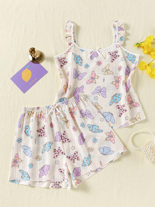2pcs/Set Women Colorful Butterfly Print Backless Camisole Top And Bowknot Loose Shorts Elegant Pajama Set, Suitable For Summer Home Wear, Great Gift ,Vacation
