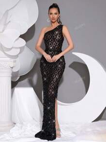 Modphy Vestido de malla asimétrico sin mangas y sin espalda, hecho a mano de lujo con cuentas, strass y lentejuelas, vestido de dama de honor formal para boda, fiesta de noche, para invitados de boda