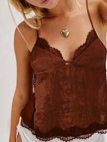 Women Sexy Tie Up Lace Trim Cami Tops Semi Sheer Crop Tops Y2k Girls Cute Summer Camisole Shirt Going Out Tops - 咖啡棕 - 查看 2